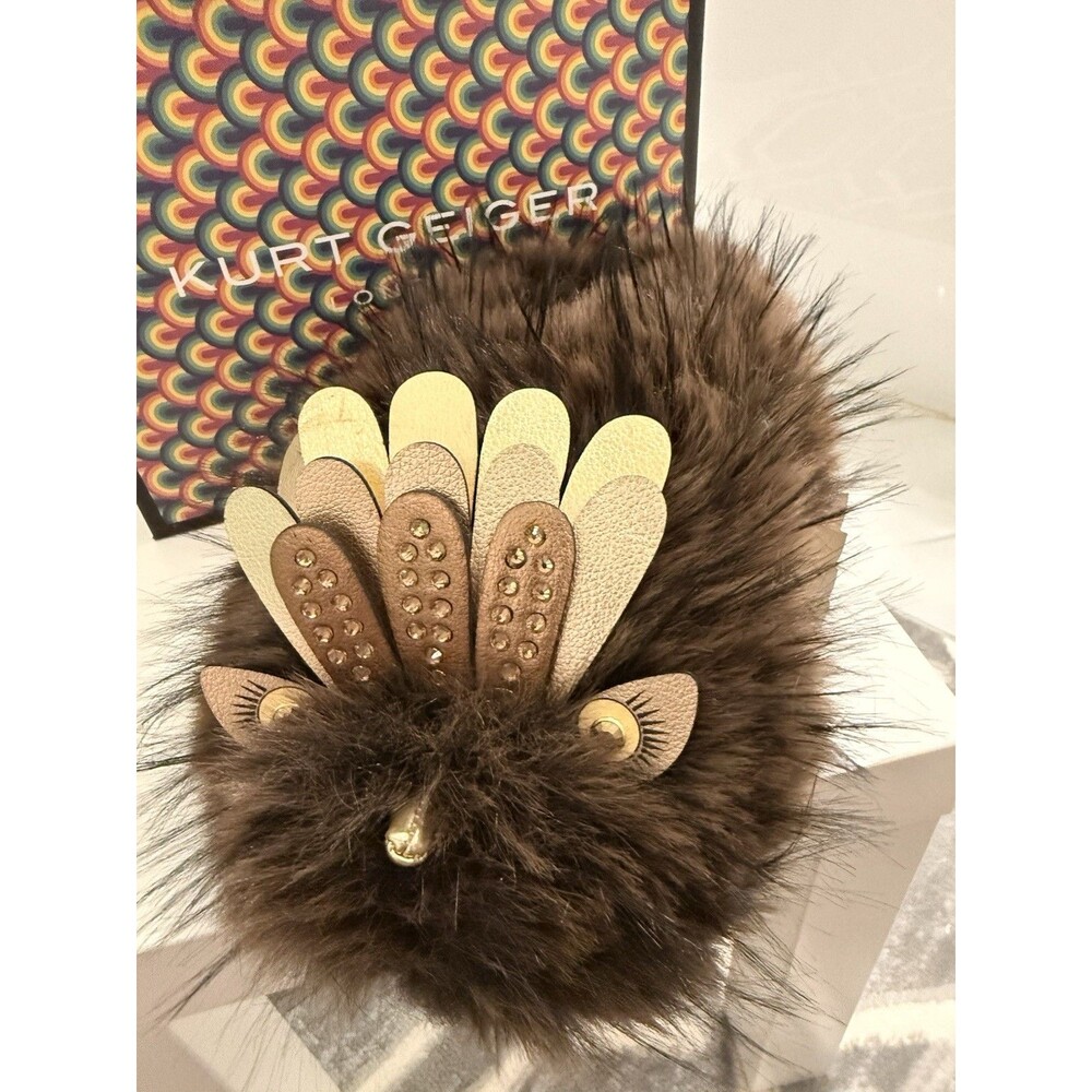 Kurt Geiger London-Eagle Fluff Faux Fur Bedazzled Brown/Gold Slippers, 8/9 New